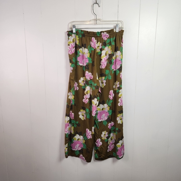 Aerie Wide Leg Cropped Pants Summer Brown Green Floral Womens Size Medium Boho - Picture 3 of 7